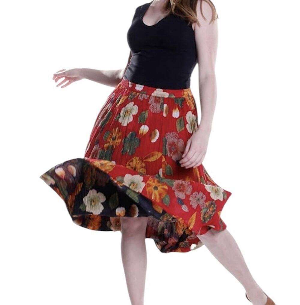 La Cera Reversible Dark Floral Midi Skirt Size L Red Black Watercolor Flowy Fall